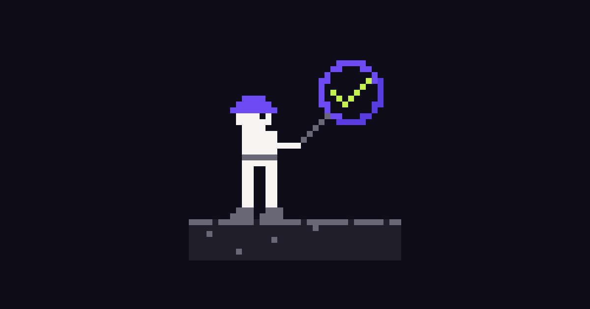 Pixel-art Bobbin holding up a magnifying glass with a check mark inside it